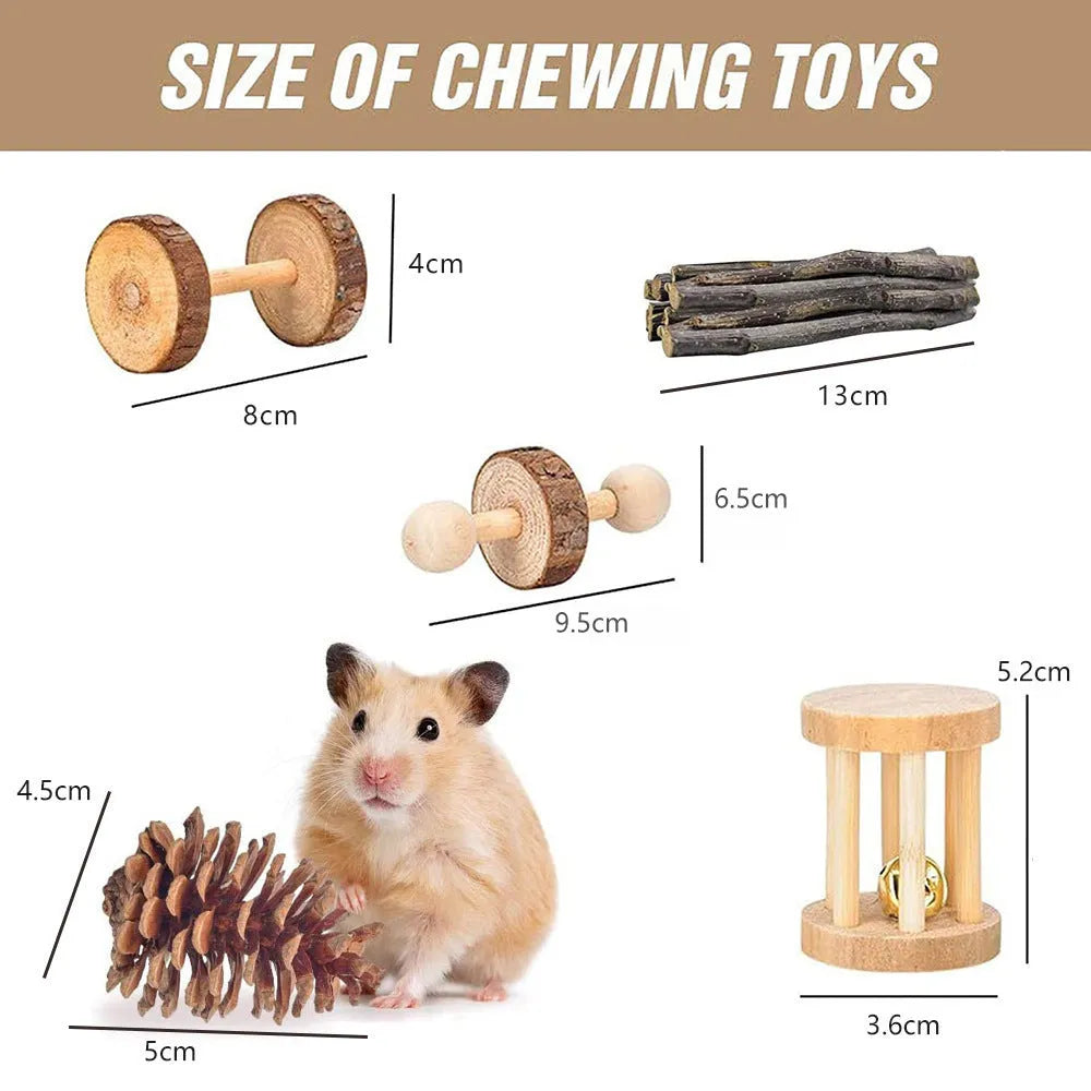Wooden chew toy set for small pets with natural fibre components including straw mats and woven balls