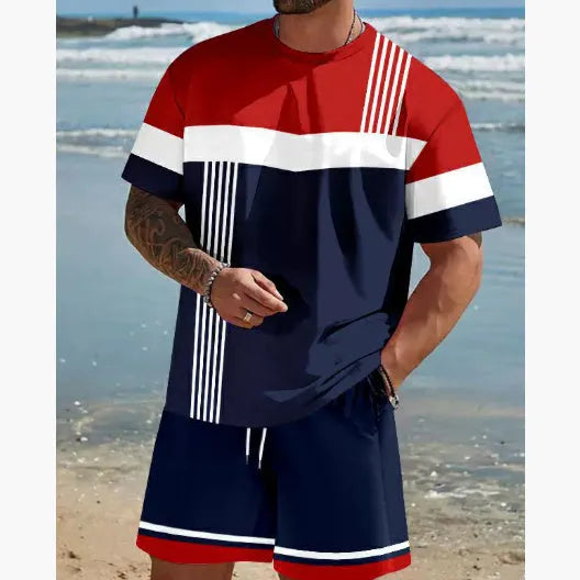 Men's short-sleeved T-shirt and shorts suit set in loose fit polyester summer leisurewear