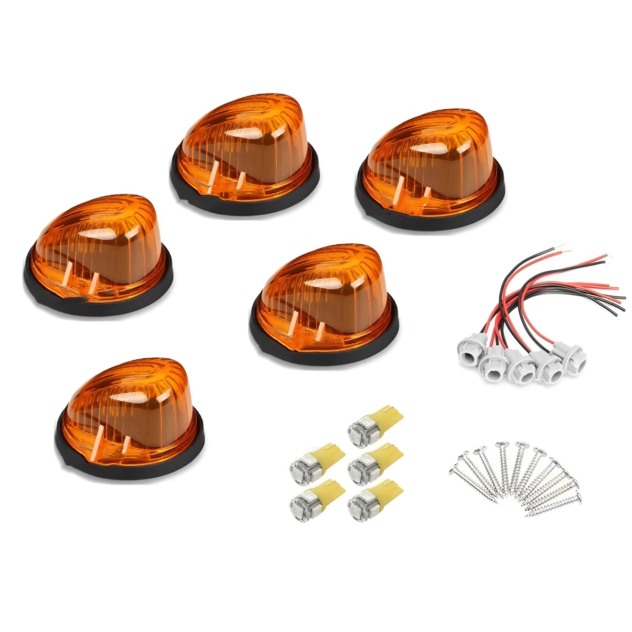 Five-piece LED roof cab marker light kit with yellow polycarbonate lenses, bulbs, and mounting hardware