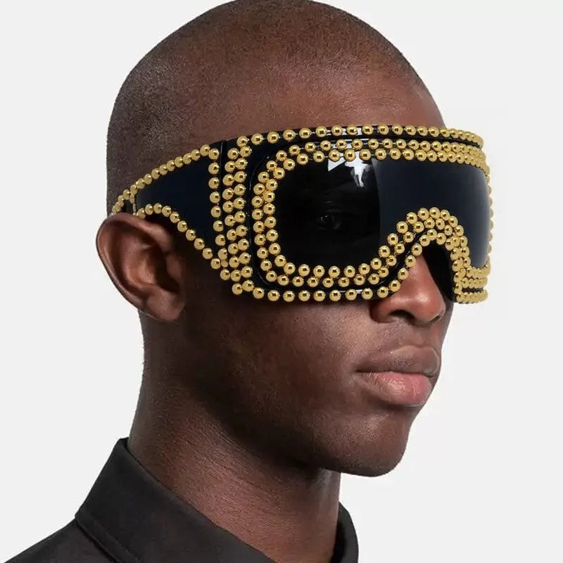 Men's silver punk sunglasses with large square lenses and metal rivet details on the temples.