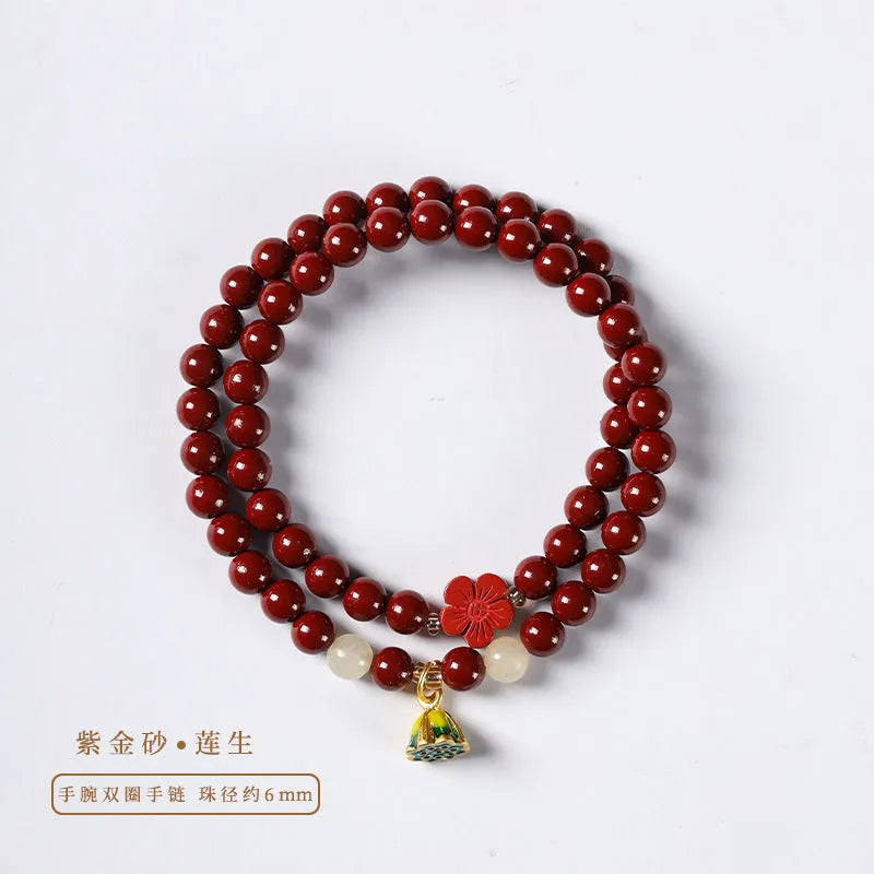 Purple gold sand hand-woven bracelet with 6mm beads in double circle design featuring lotus seedpod elements