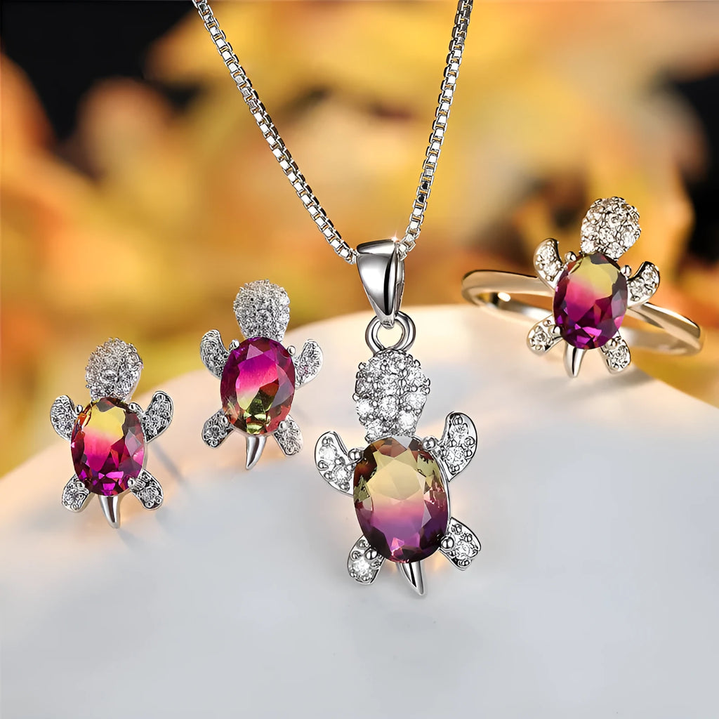 Turtle pendant necklace with oval zircon rainbow stone, 45cm copper chain, multicolour animal jewellery