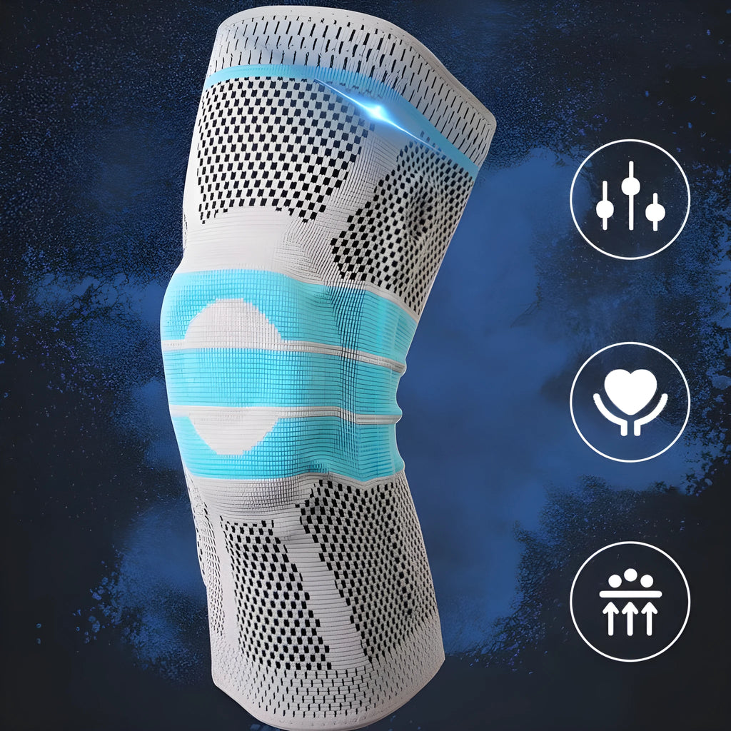 Sky blue silicone grip knee pad for sports, shown in elastic fibre material.