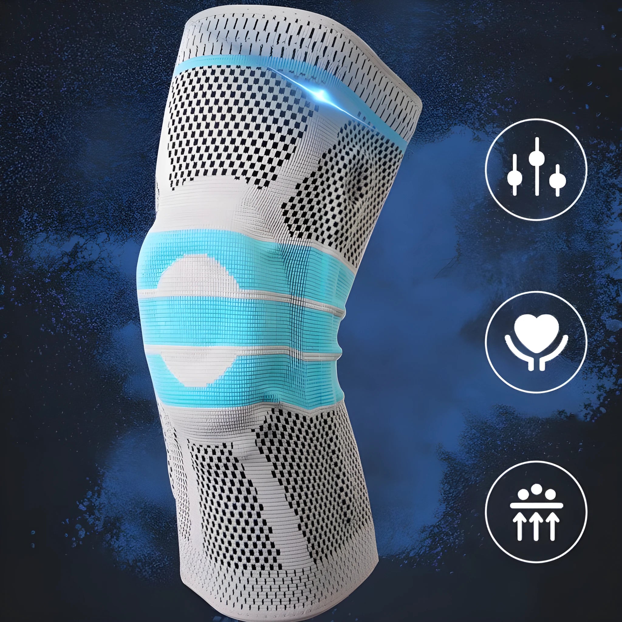 Sky blue silicone grip knee pad for sports, shown in elastic fibre material.