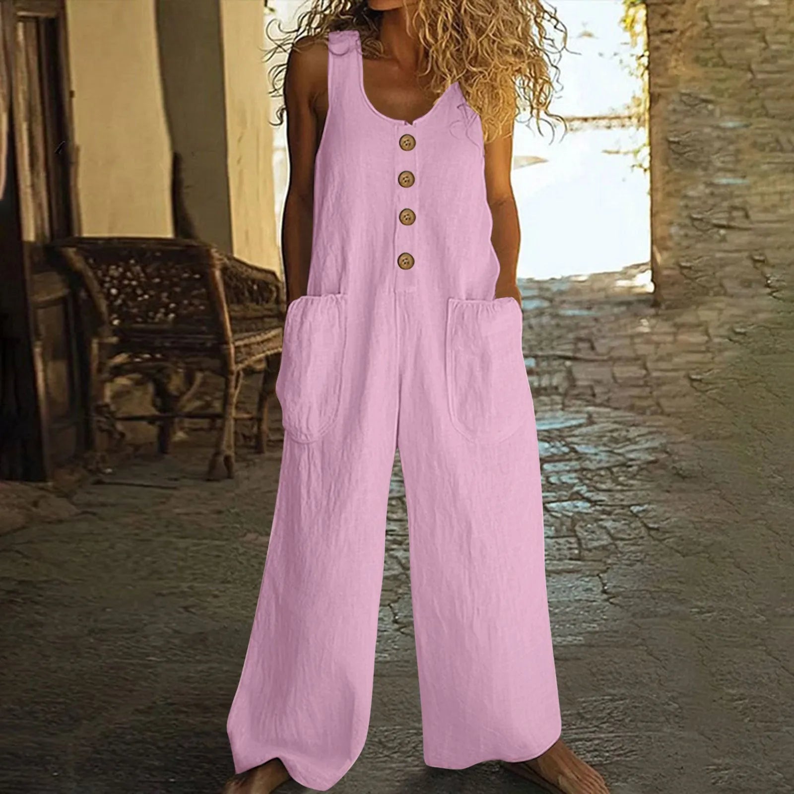 Sleeveless wide leg cotton jumpsuit in peacock green colour with pockets and elasticated waist