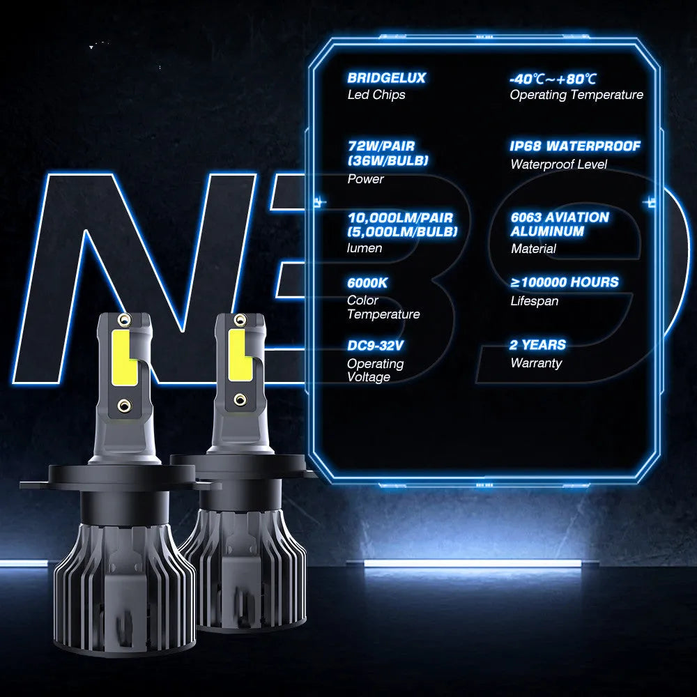 6000K white LED car headlight bulb with adjustable chuck and connector for plug-and-play installation.