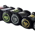 White PVC fitness sandbag for weight training, shown with weight options from 5 to 30 kilograms.