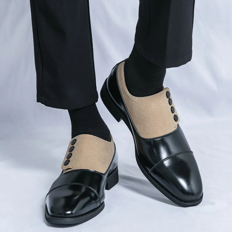 Men's low top pointed round toe button leather slip-on shoes, black, size 40, with rubber sole