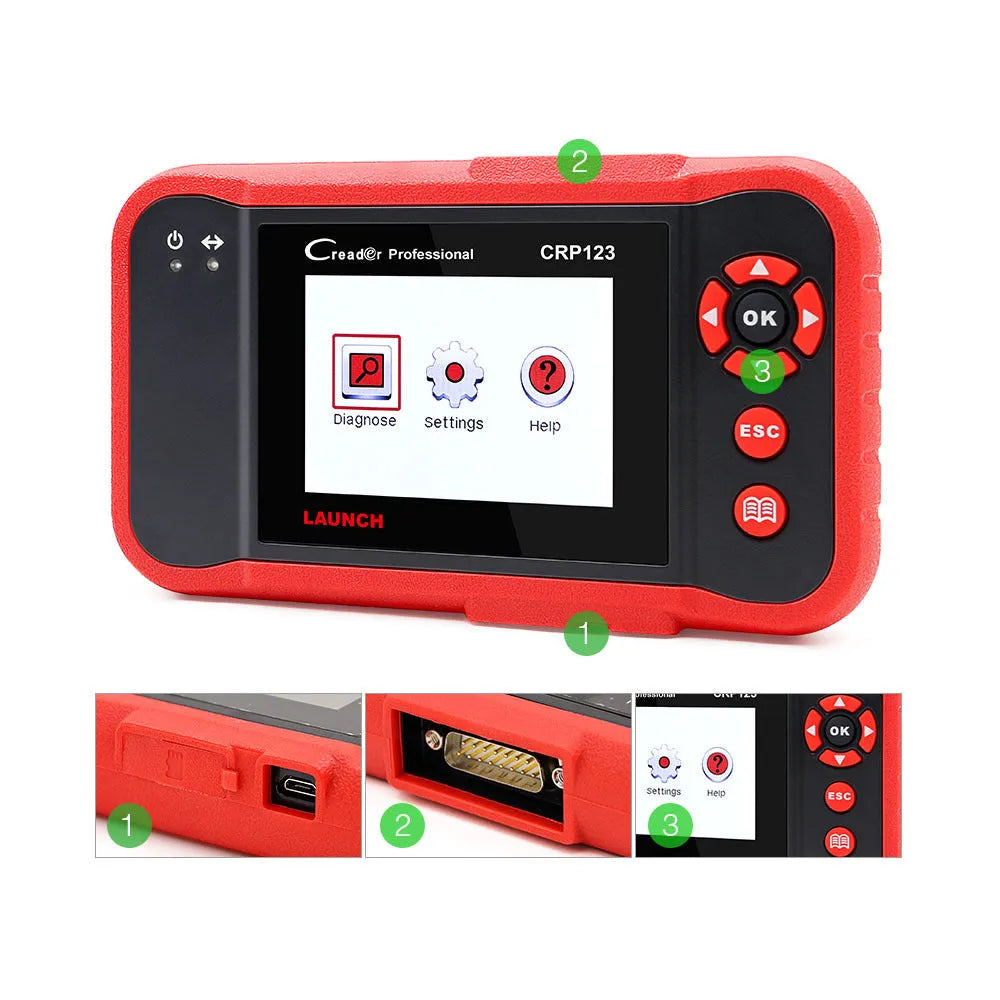 CRP123 handheld automotive diagnostic scanner with cables and accessories for vehicle fault code reading