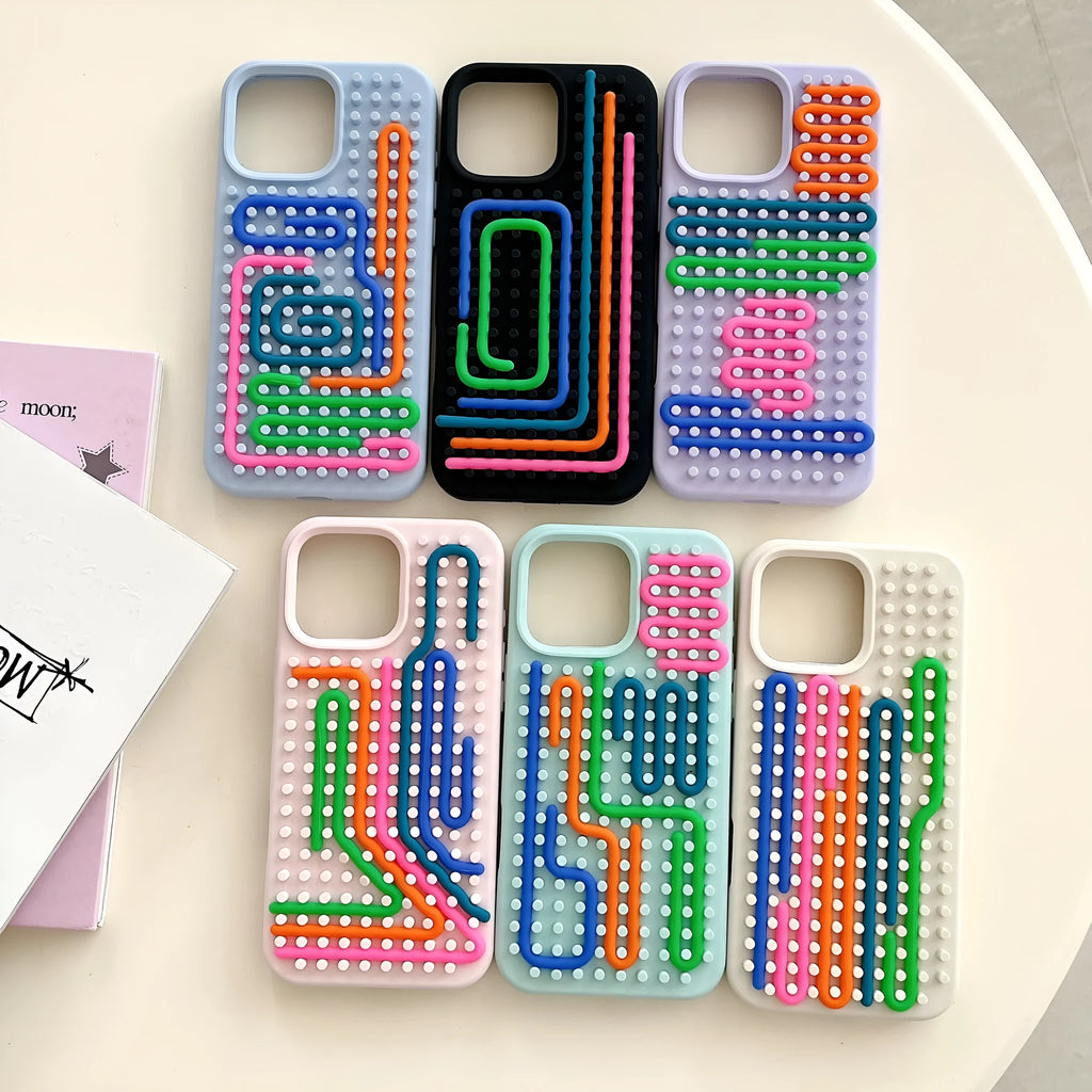 Silicone phone case with colour stripes and lanyard for iPhone 13 to 16 Pro Max in black light pink light purple white light blue light green