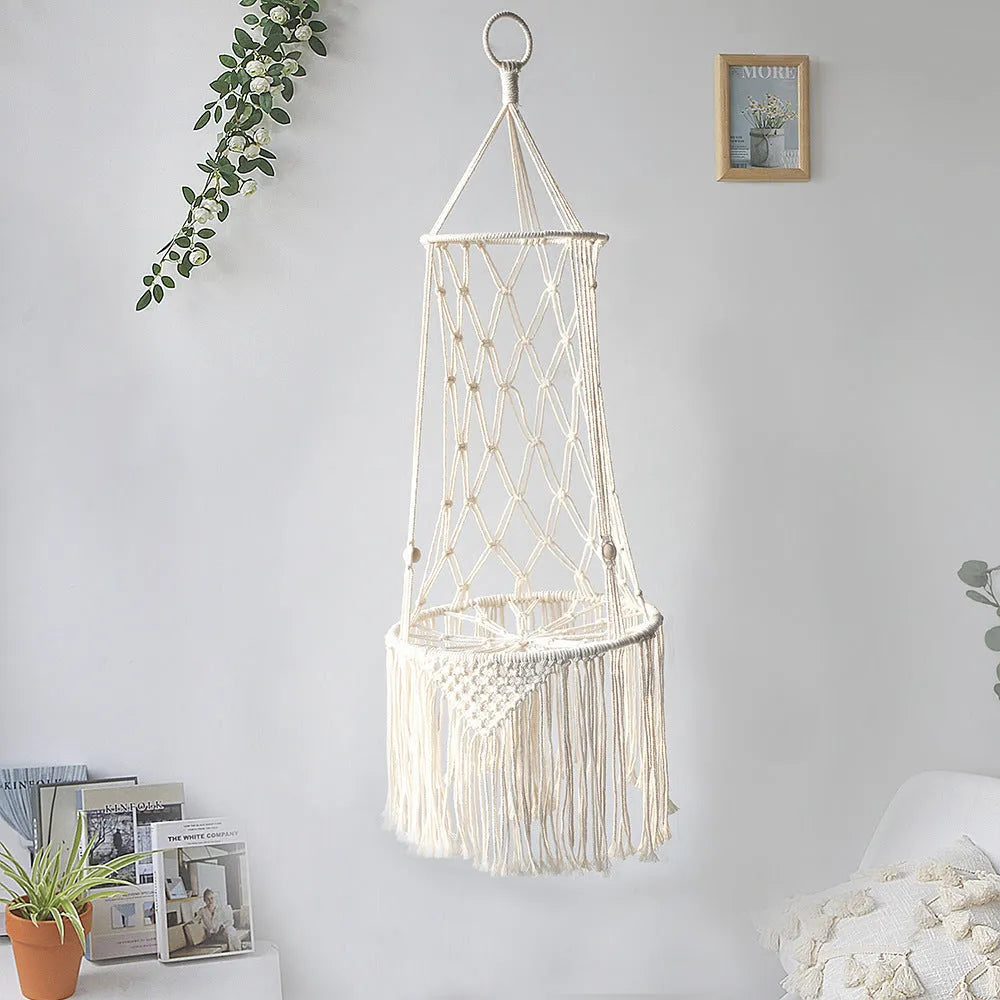 Macrame hanging pet bed in natural colour for cats, woven cotton hammock with 25x30x45 cm dimensions