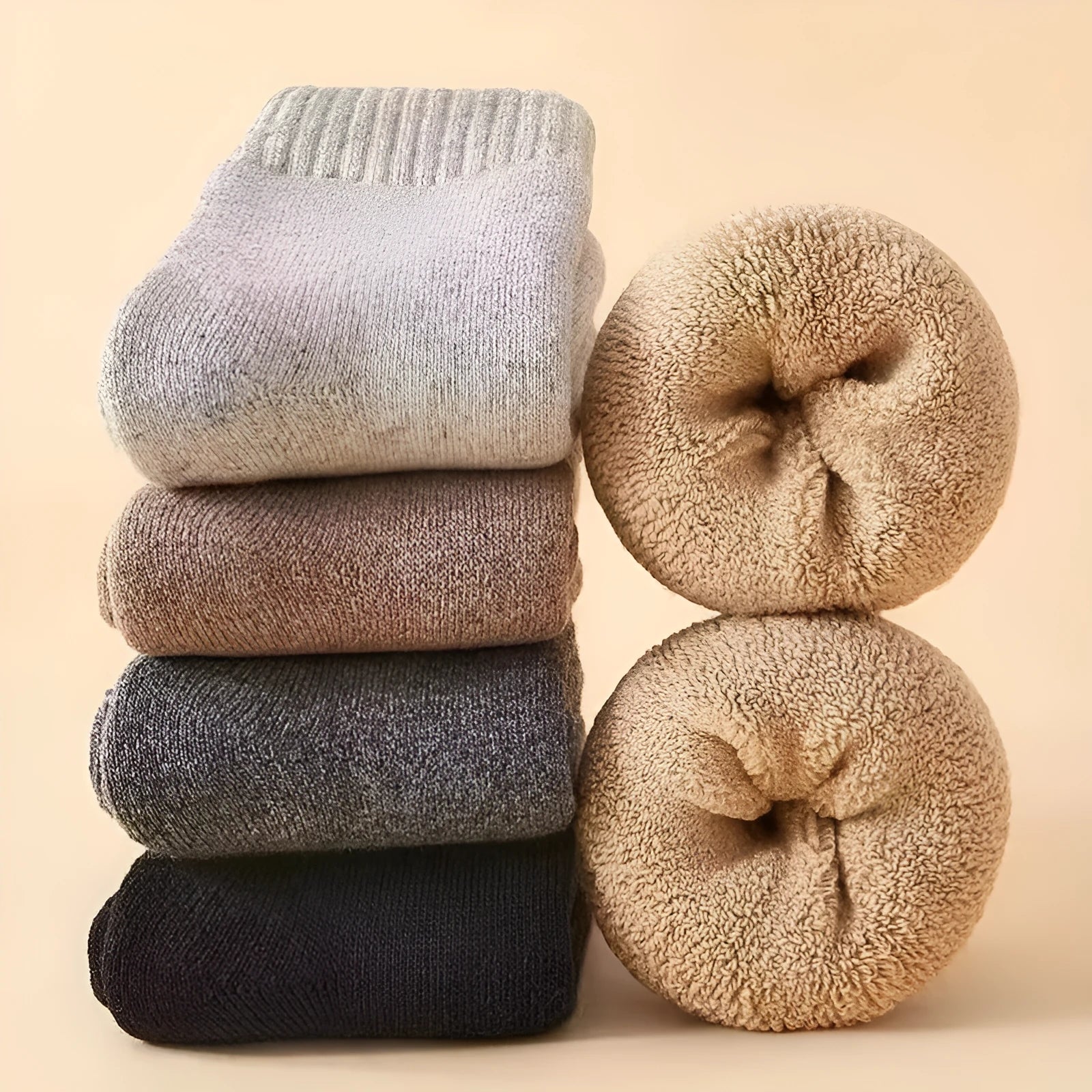 Pair of thick, solid-colour men's winter socks showcasing the cushioned footbed and mid-calf height.
