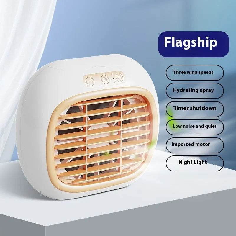 Mini USB air conditioner fan with spray function in Rose Gold or Silver, three speed gears, for household small area use