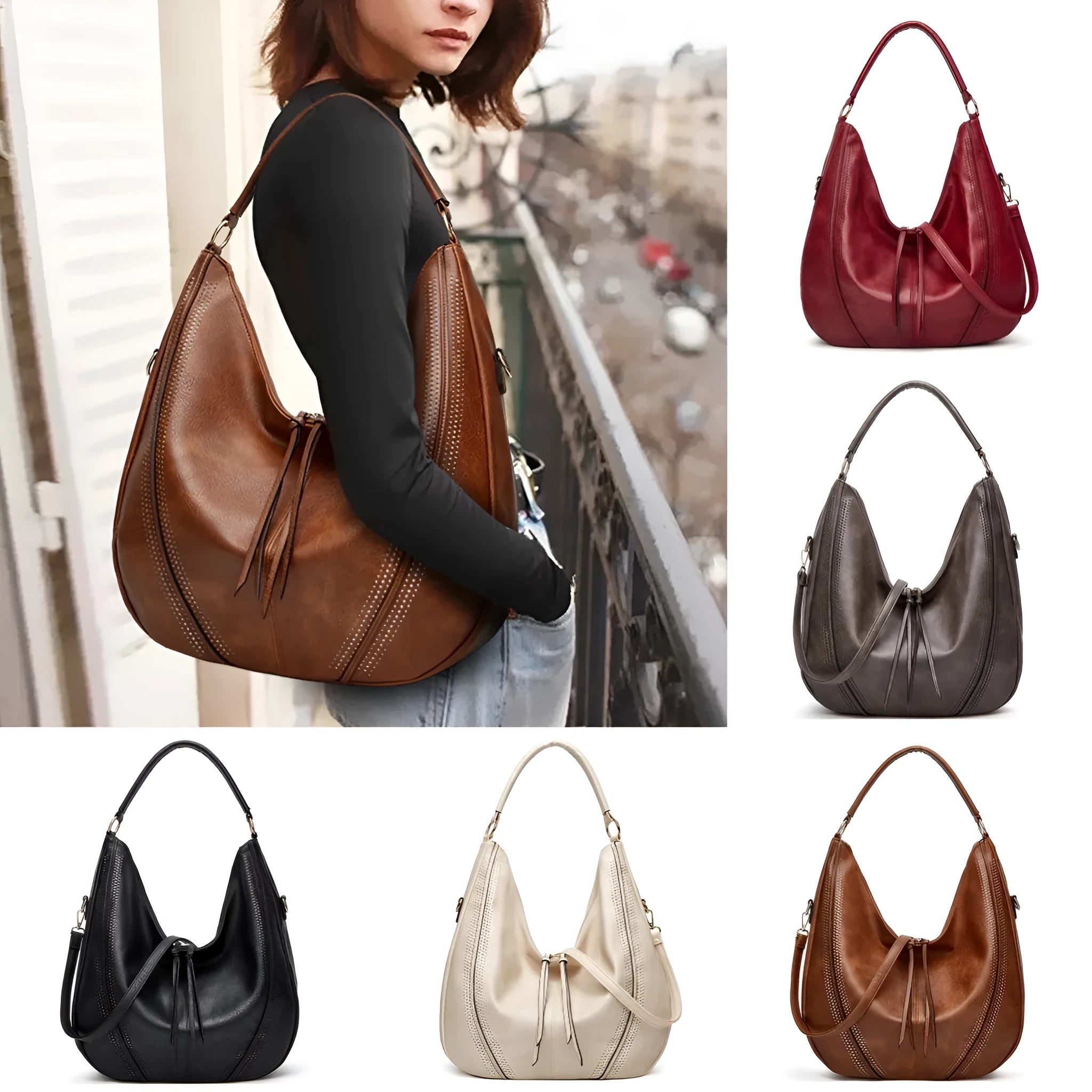 New trend retro large capacity PU tote shoulder bag with tassel hollow design, 40x43x13cm, zipper closure, in black colour