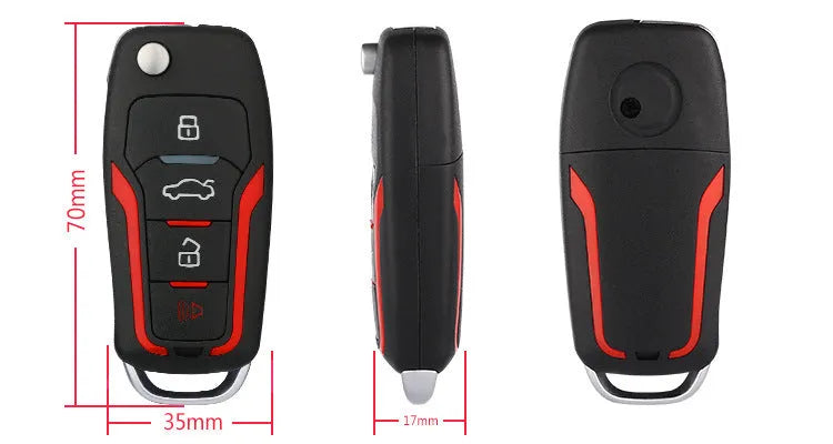 Red and black one-way car alarm remote control unit with two key fobs.
