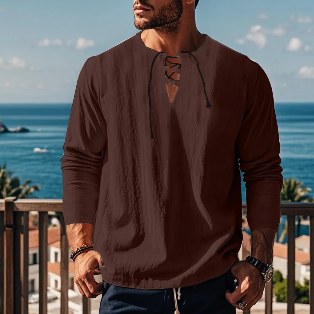 Men's loose fit cotton blend casual pullover shirt in a solid colour.