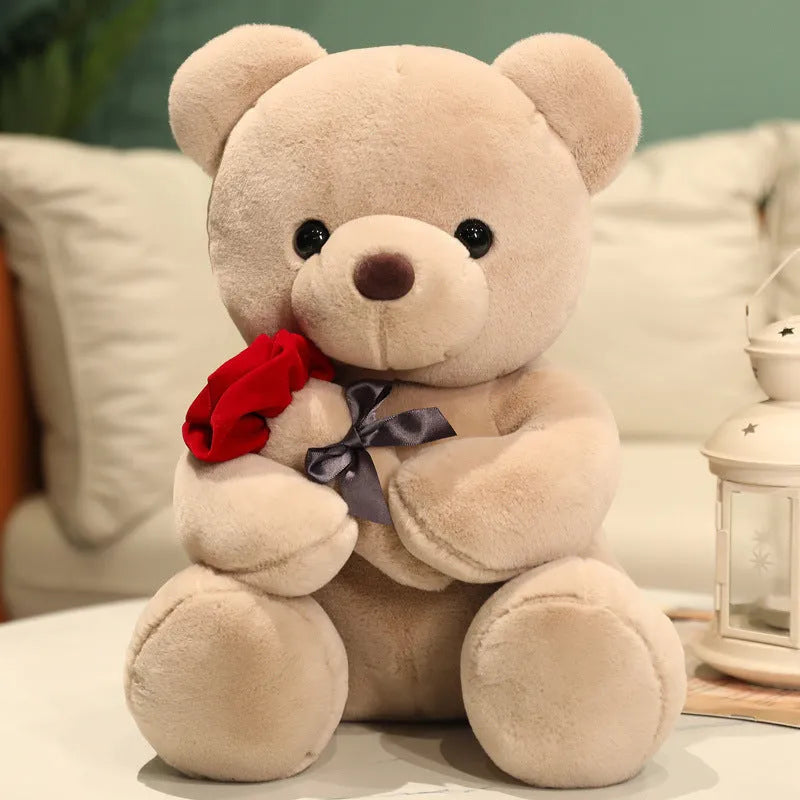 Soft plush rose bear teddy doll in beige, brown, or grey, shown in multiple size options.
