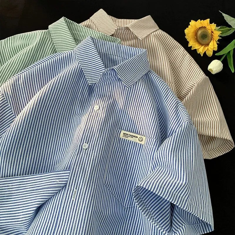 Loose blue and green striped half sleeve casual shirt with cardigan-style front