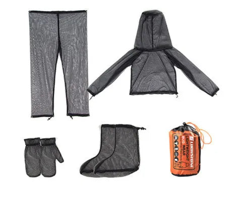 Four-piece anti-mosquito suit set showing hooded top, pants and booties in breathable mesh fabric