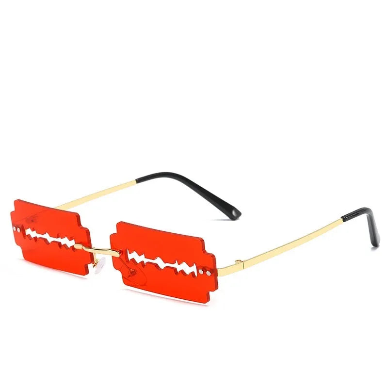 Gold metal rimless sunglasses with UV400 PC lens on a white background