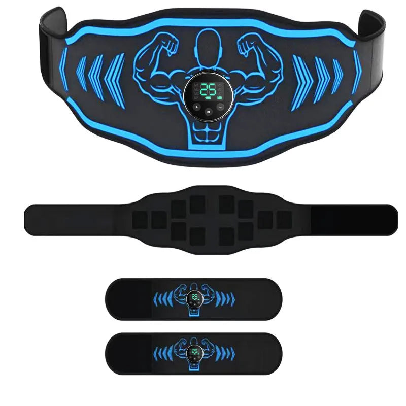 Blue and orange EMS smart massage belt with arm stickers and rechargeable host unit