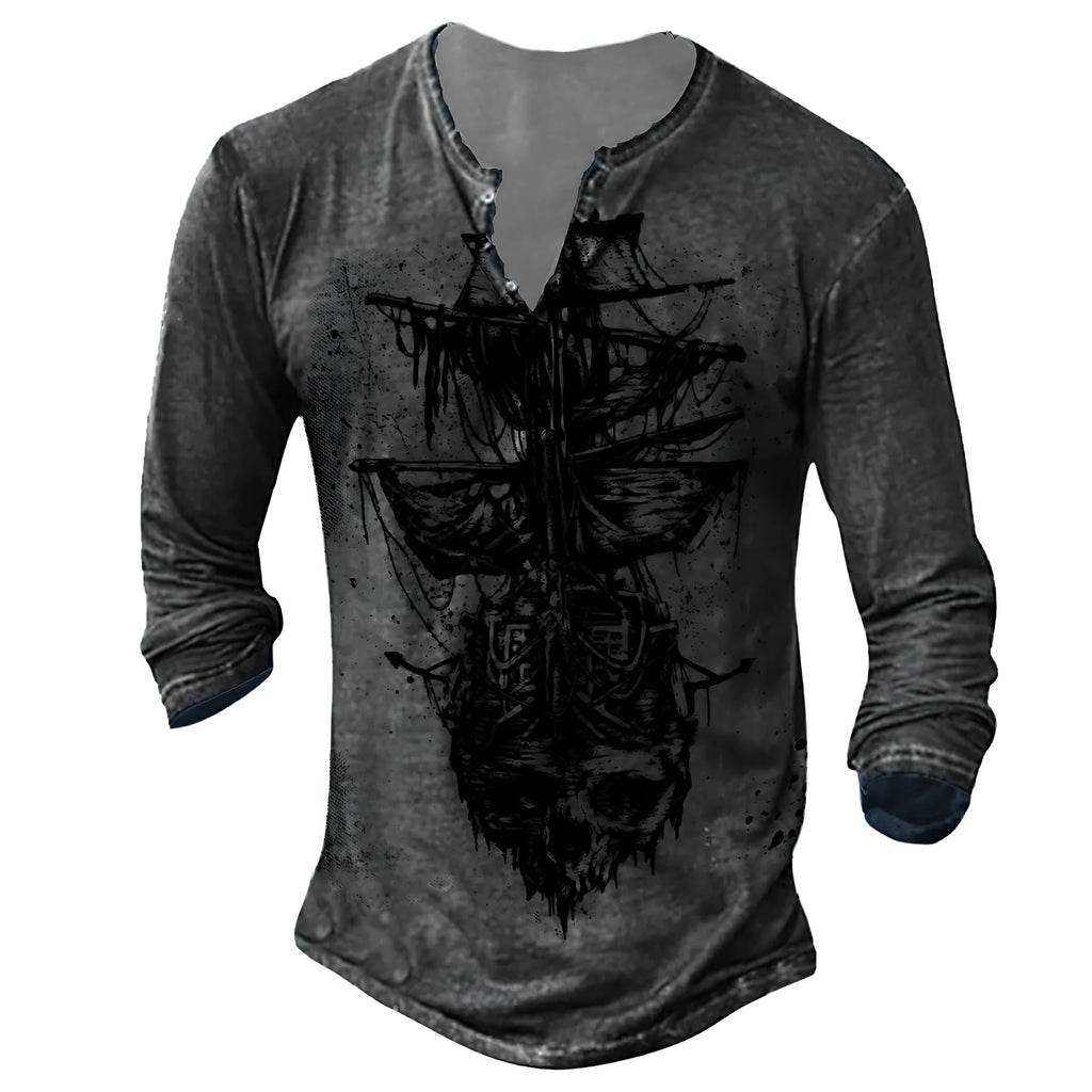 Men's casual 3D digital print long sleeve V-neck T-shirt in polyester Birdseye fabric, colour 7KCT1161, shown flat