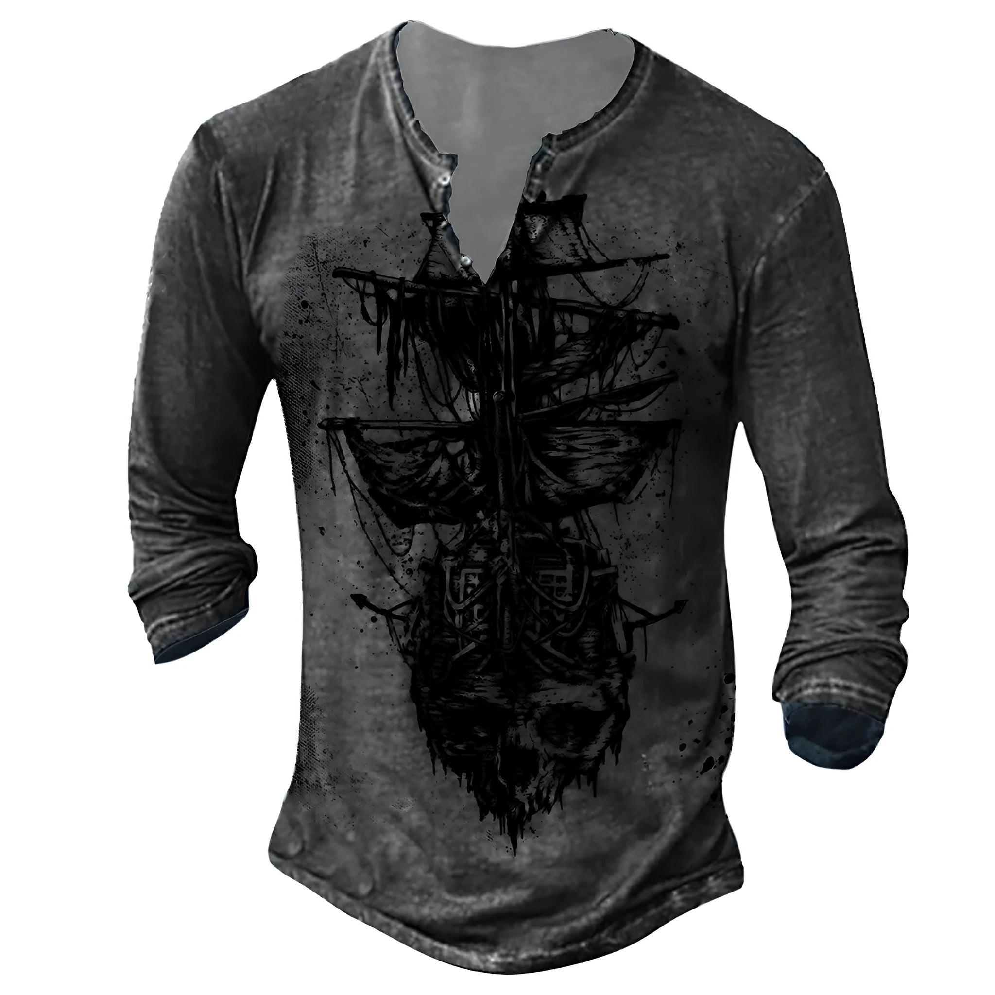 Men's casual 3D digital print long sleeve V-neck T-shirt in polyester Birdseye fabric, colour 7KCT1161, shown flat