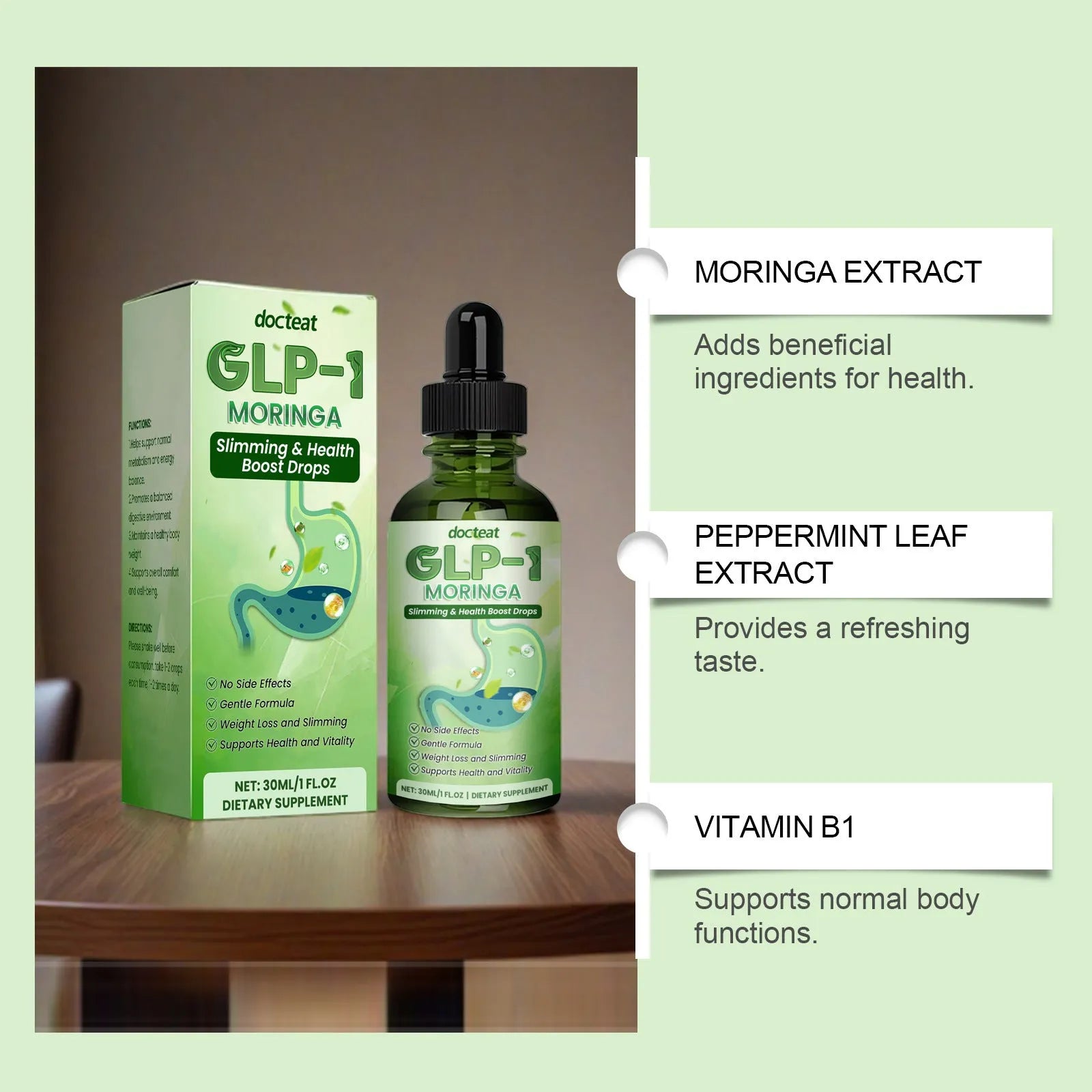 30ml droplet bottle of liquid Vitamin B1 and Traditional Chinese Medicine extract supplement.