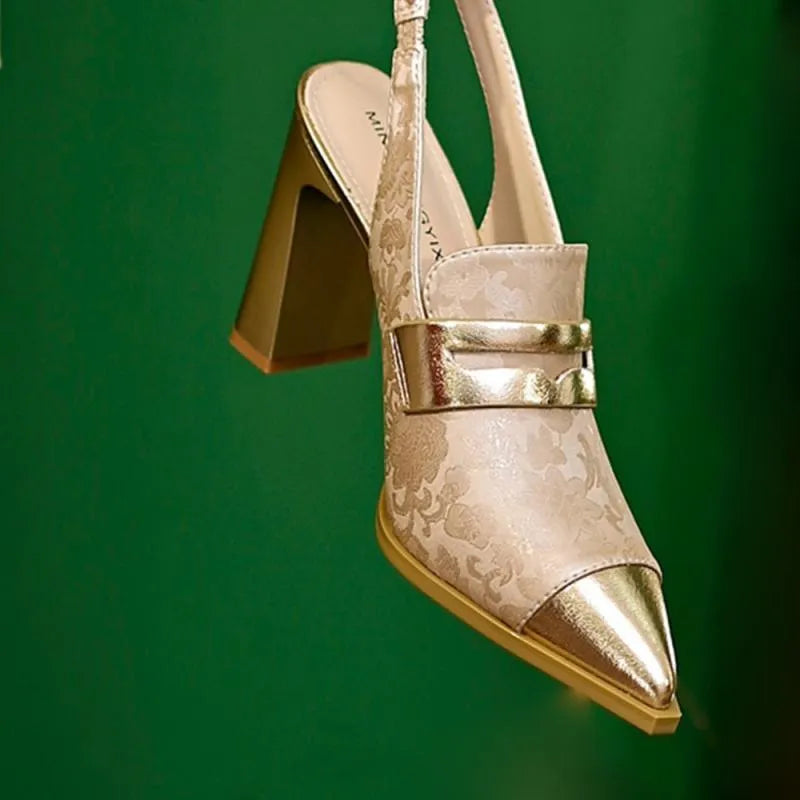 Women's black chunky heel strap sandals with pointed toe and elastic band, Korean style design.