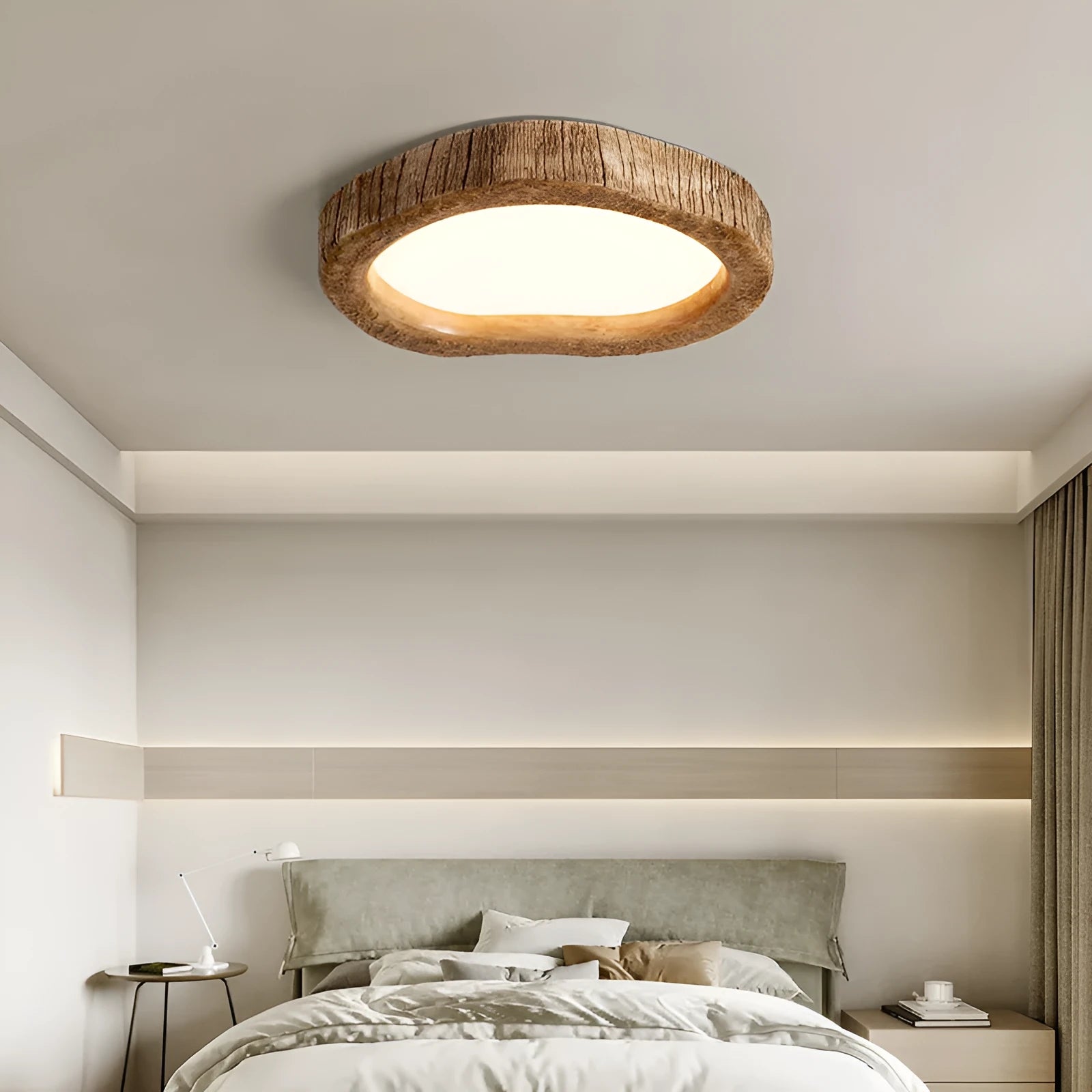Wood grain finish Chinese-style ceiling light in three sizes: 35cm, 45cm, and 54cm round diameters.