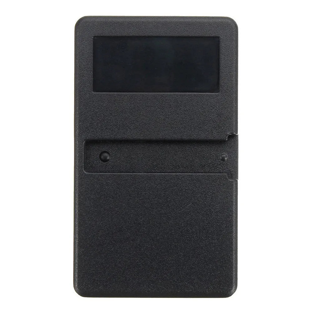Black three-button LiftMaster compatible garage door remote control on a white background.