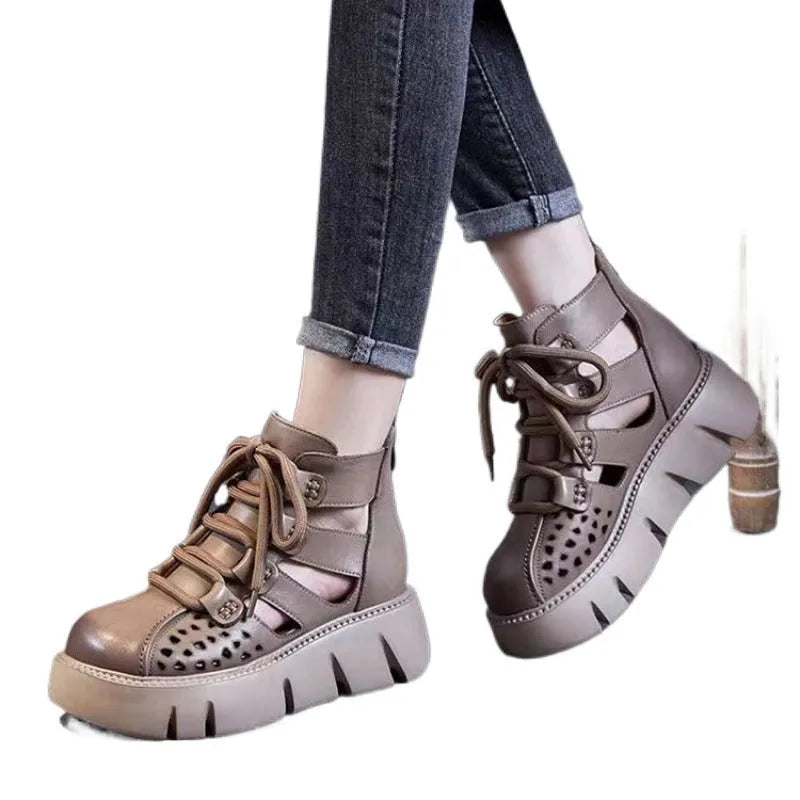 Women's black platform sandals with fish mouth toe and hollow hole leather design