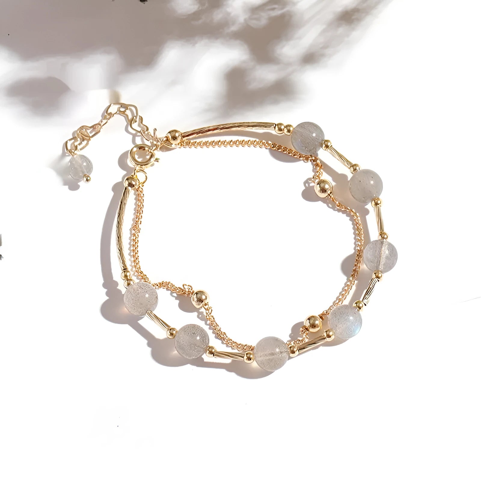Double-layer crystal bracelet with moonstone accents in electroplated moonlight copper finish