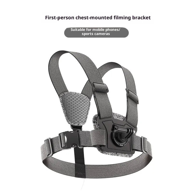 Chest mount with dual-camera setup for action camera and phone, including curved extension rod and anti-shake rope