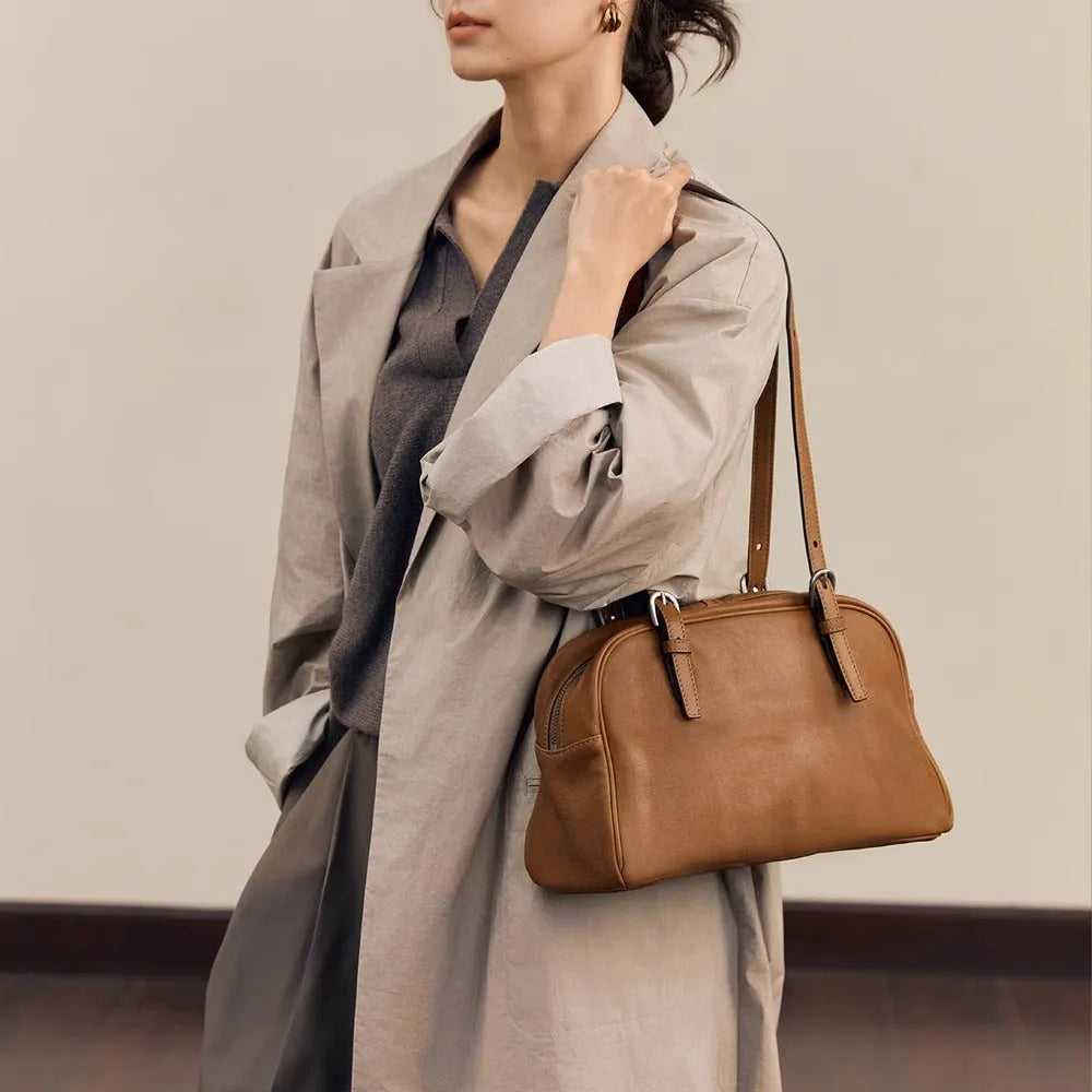 Women's retro style genuine leather shoulder bag with double straps in horizontal square design