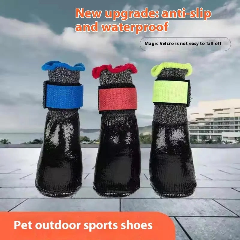 Pair of soft-bottom dog shoe covers in blue, red, or black with waterproof non-slip knitted glue sole, sizes S to XL