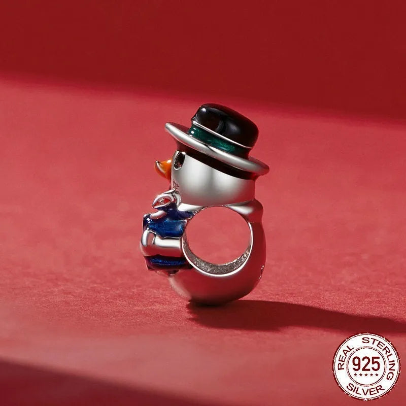 S925 silver snowman charm bead 13x12mm with 4.5mm hole, dripping oil finish, colour BSC939