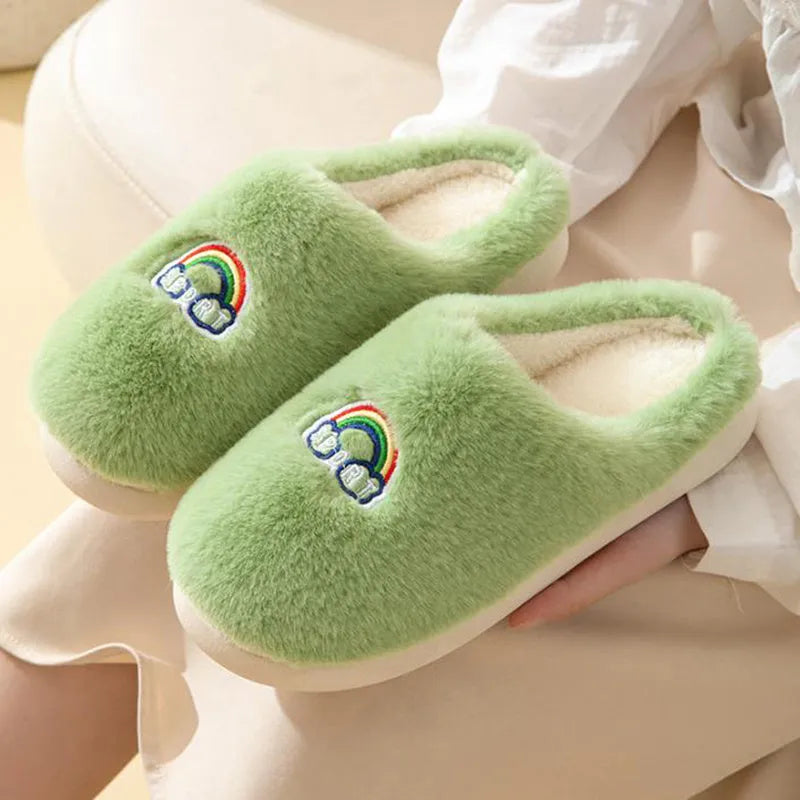 Kawaii rainbow embroidered warm plush slip-on slippers with rubber sole round toe indoor home footwear