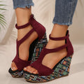 Women's beige ankle-strap sandals with a buckle, thick rubber sole featuring hemp, and a cloth upper.
