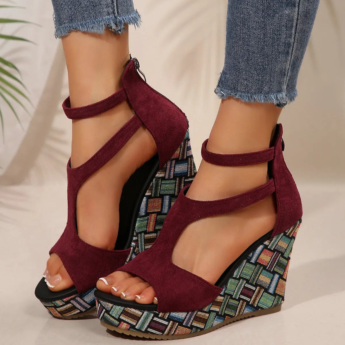 Women's beige ankle-strap sandals with a buckle, thick rubber sole featuring hemp, and a cloth upper.