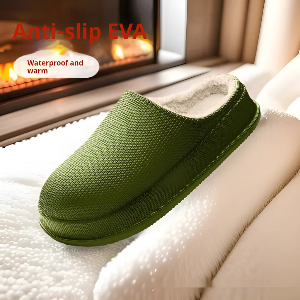 EVA autumn winter warm waterproof thick cotton slippers with shock absorbing toe cap in solid colour, side view