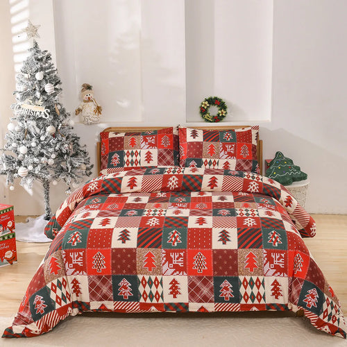Christmas red plaid pattern bedding three-piece set with quilt cover and matching pillowcases