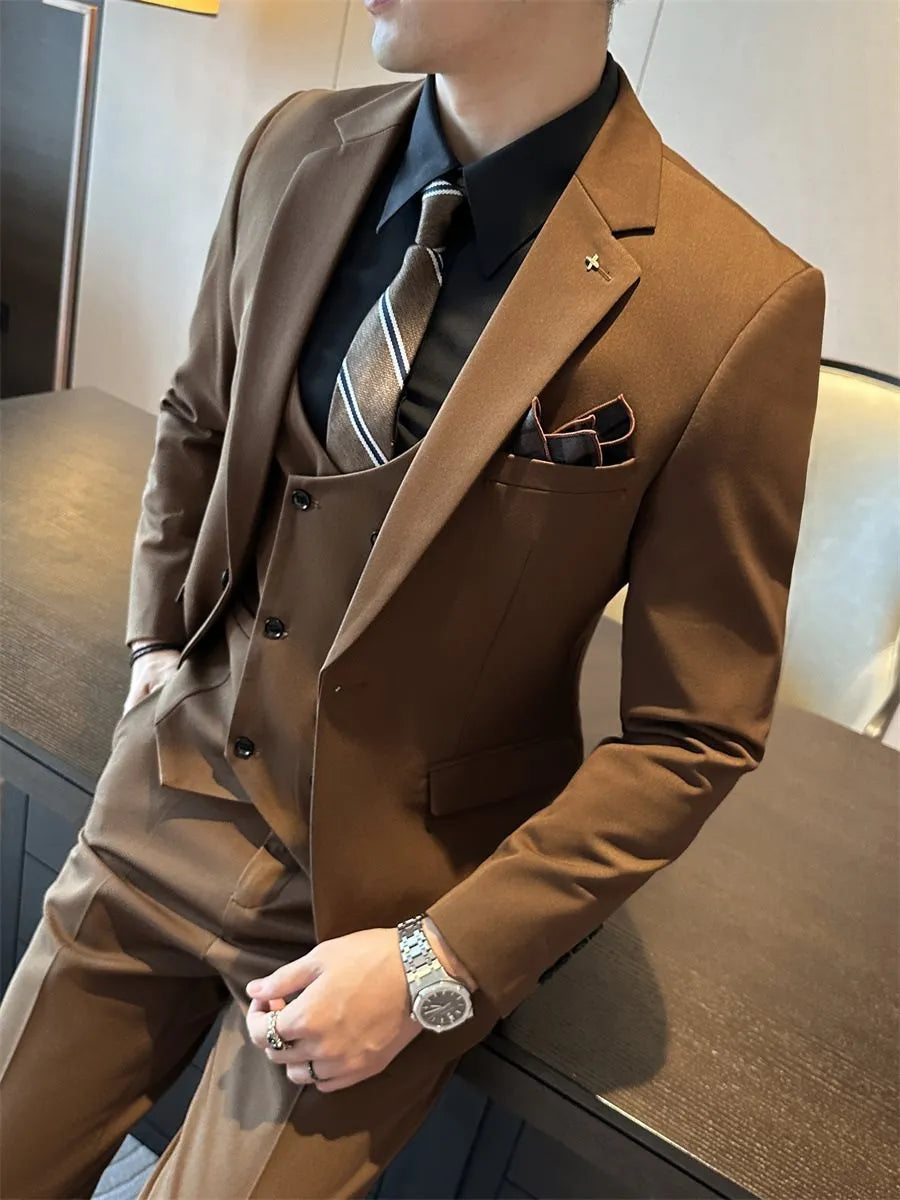 Men's slim fit business formal wear jacket in a dark green colour, showing structured blazer design.