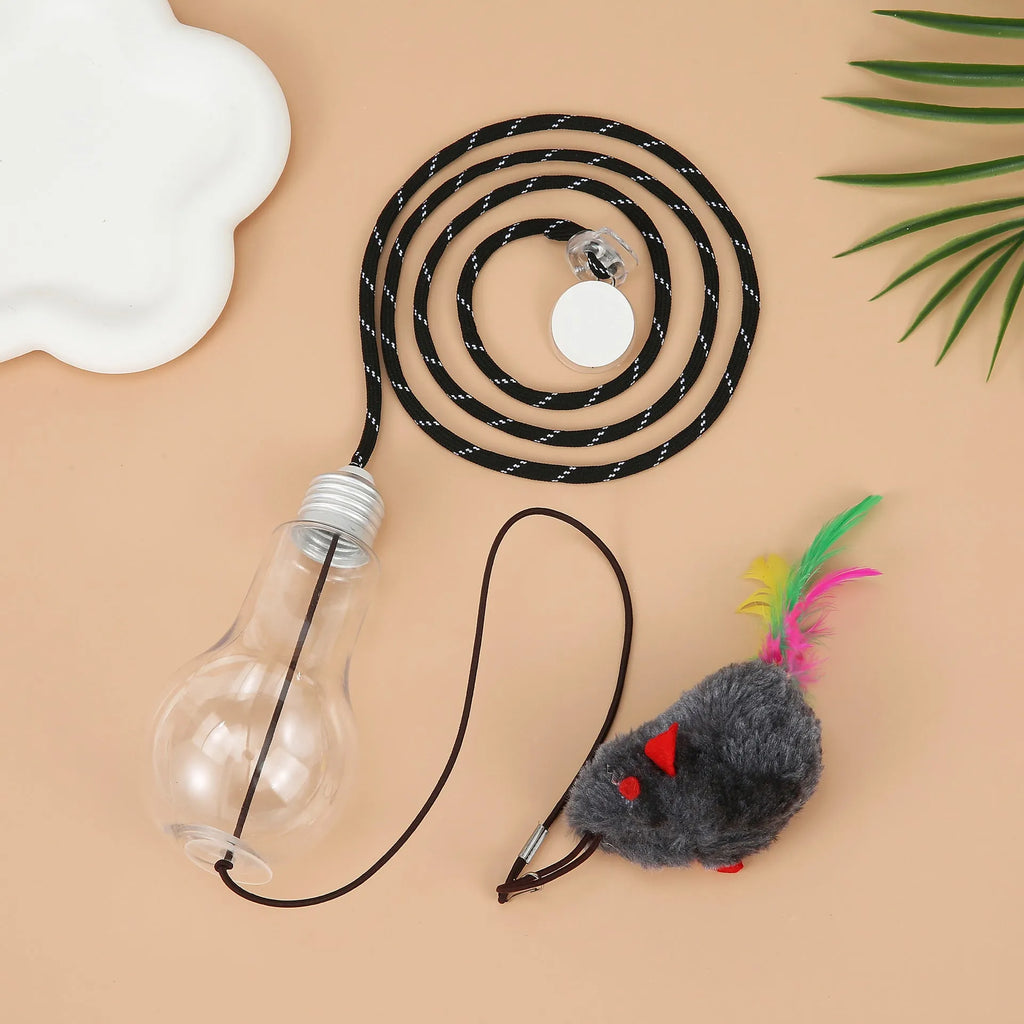 Grey and yellow interactive hanging cat toy with retractable rope, treat bulb, and mouse attachment.