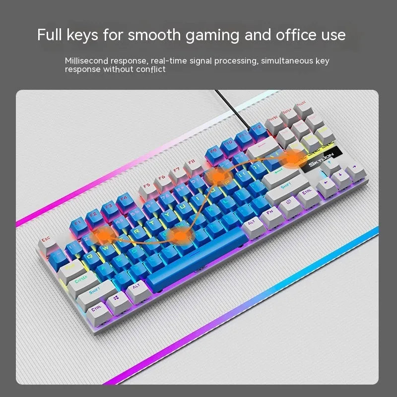 K87 wired mechanical gaming keyboard with metal base, shown in blue white colour with green mechanical switches.