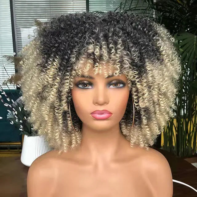 African small curly hair afro wig headgear in high temperature silk with bangs, available in multiple colours