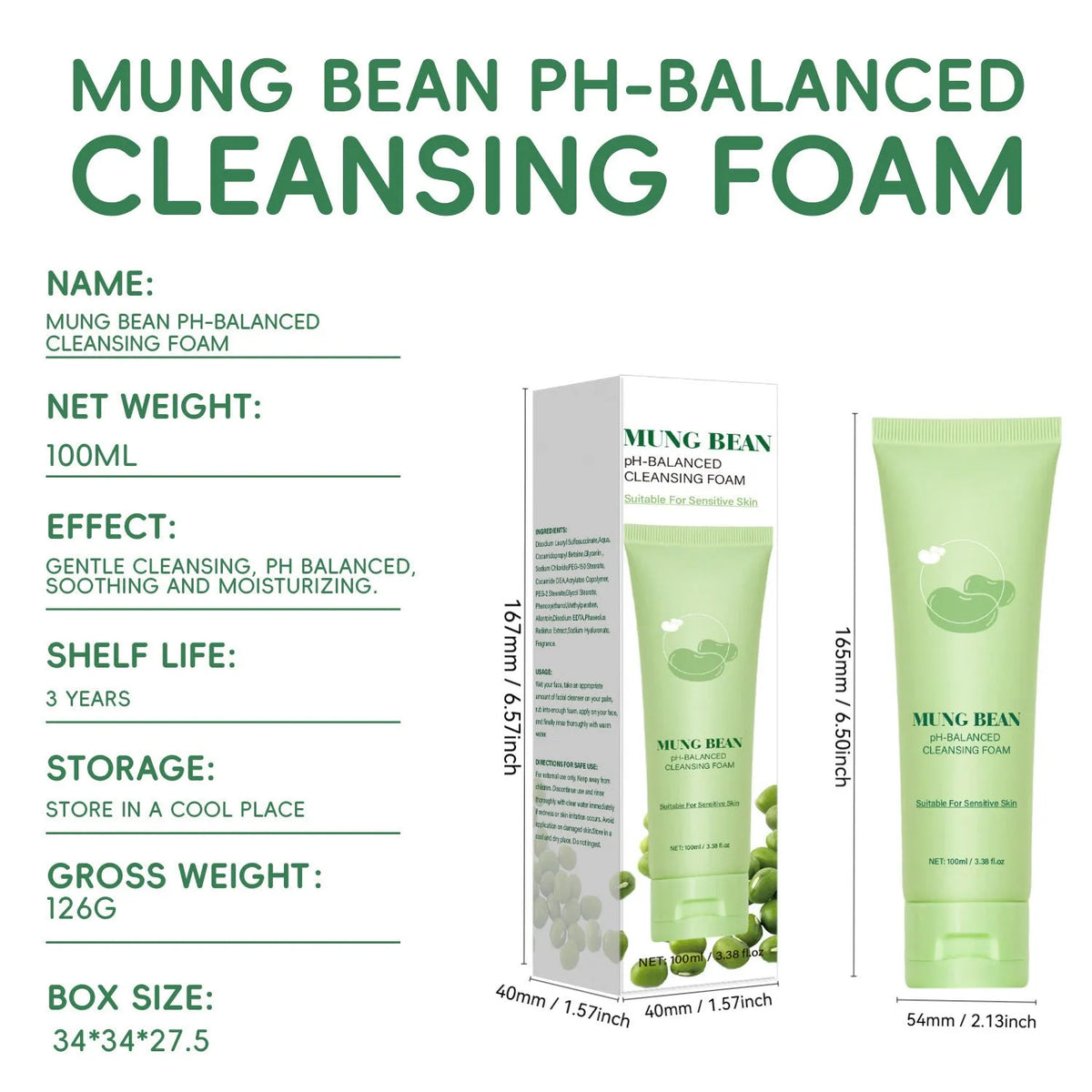 Mung bean pH balance cleansing foam 100ml facial wash for daily makeup removal and general population use