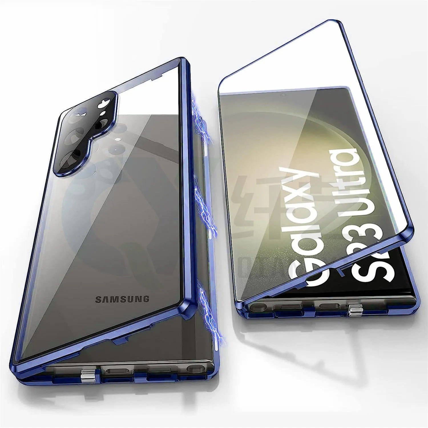 Metallic magnetic mirror phone case for Samsung S24 Ultra in various colours showing privacy screen.