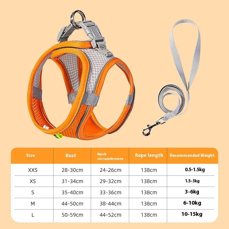 Reflective vest-style dog harness in breathable polyester with adjustable straps and rope leash