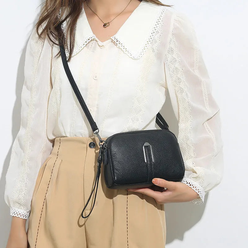Genuine leather ladies shoulder bag in a horizontal square shape, shown in dark khaki colour.